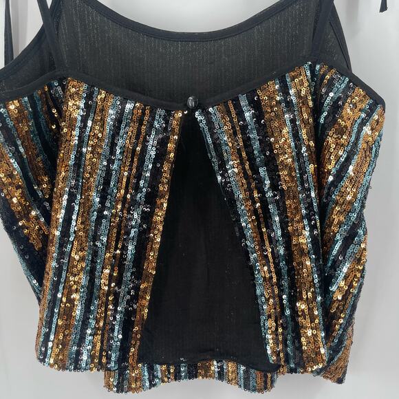 SAY WHAT? Sequin Tank Size Medium Stripe Button Back Tie Straps Open Back Party - Picture 7 of 14